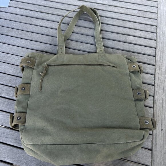 Levenger Army Green Canvas Suede Leather Tote Shoulder Laptop Bag - Picture 6 of 10